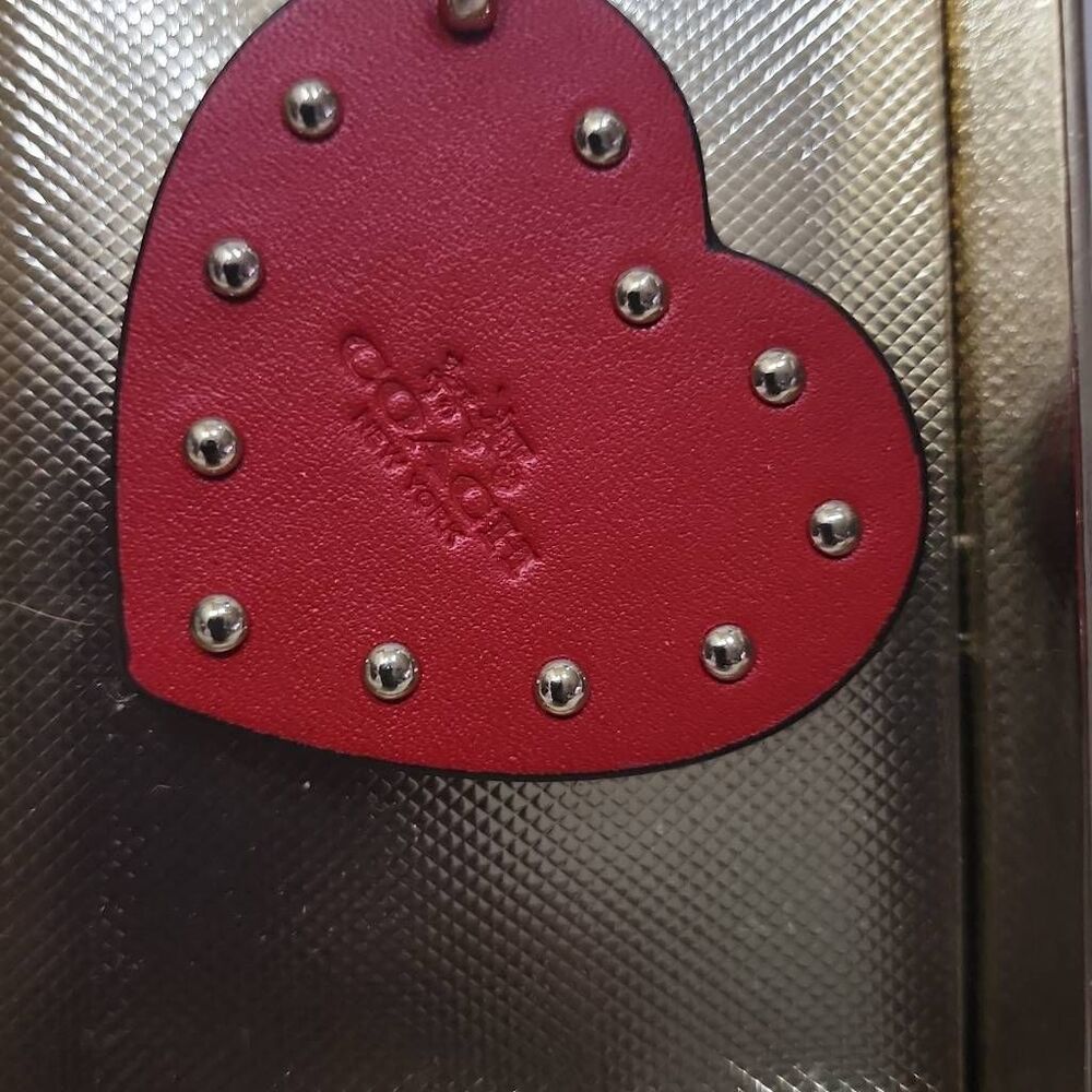 Coach Red Leather Heart Studded Bag Charm - Picture 2 of 6